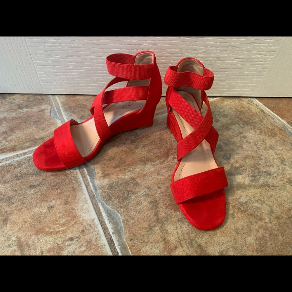 Red wedge stretch strap shoes. 2 inch heel